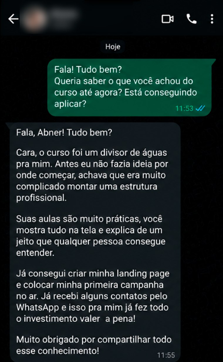Conversa de WhatsApp: aluno relata que criou a landing page, publicou a primeira campanha e já recebeu contatos