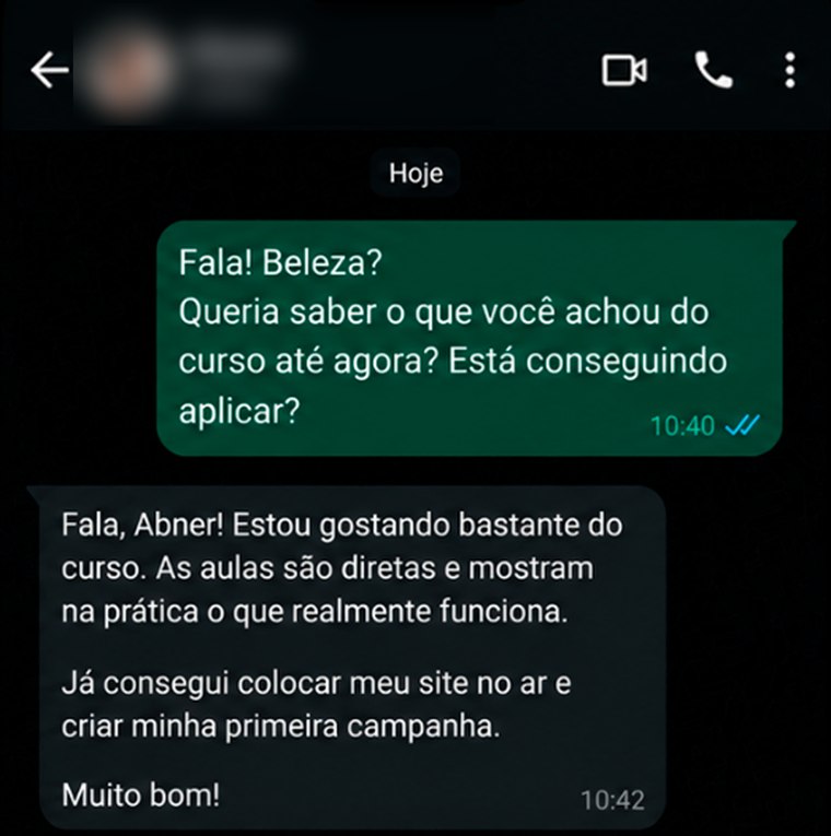Conversa de WhatsApp: aluno relata que colocou o site no ar e criou a primeira campanha