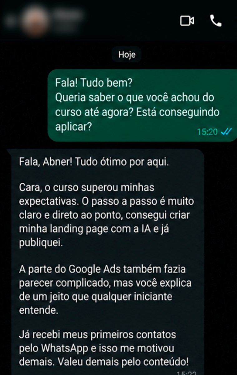 Conversa de WhatsApp: aluno relata que criou a landing page com IA, publicou e recebeu os primeiros contatos