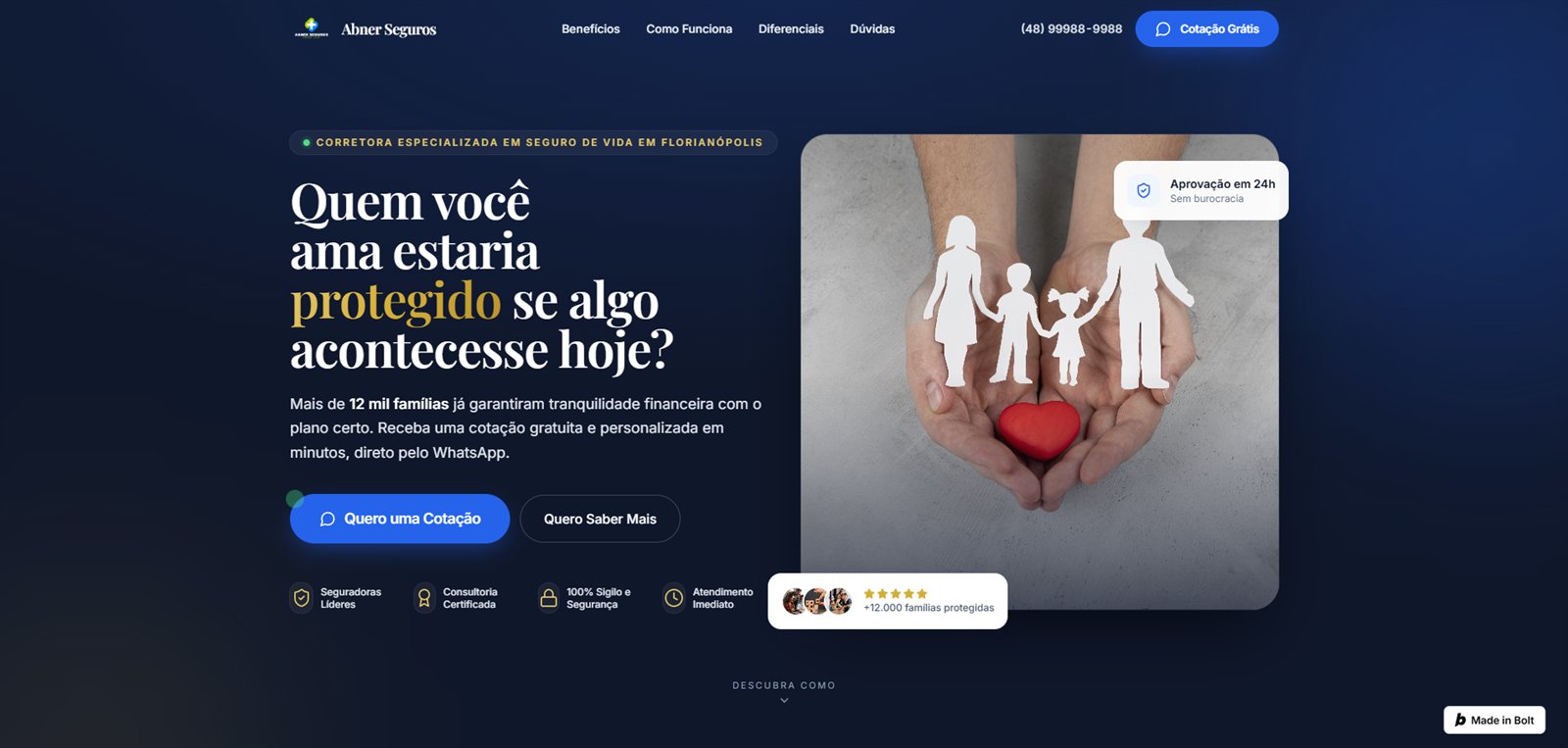 Landing page de seguro de vida criada com o método, com botão de cotação pelo WhatsApp